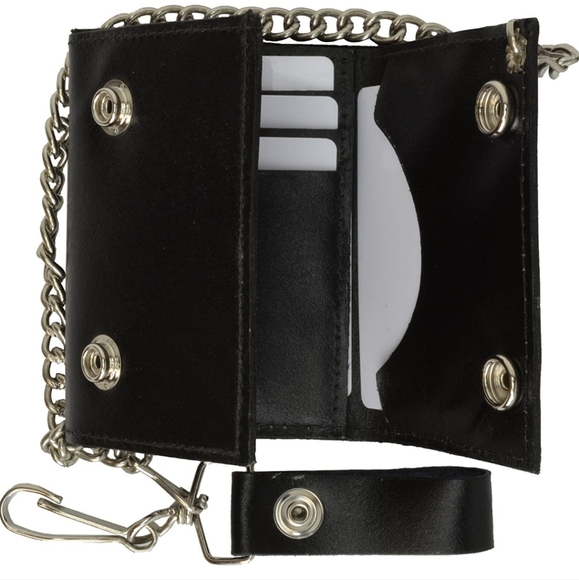 Black LEATHER Trifold Biker's Chain wallet - Picture 2 of 4
